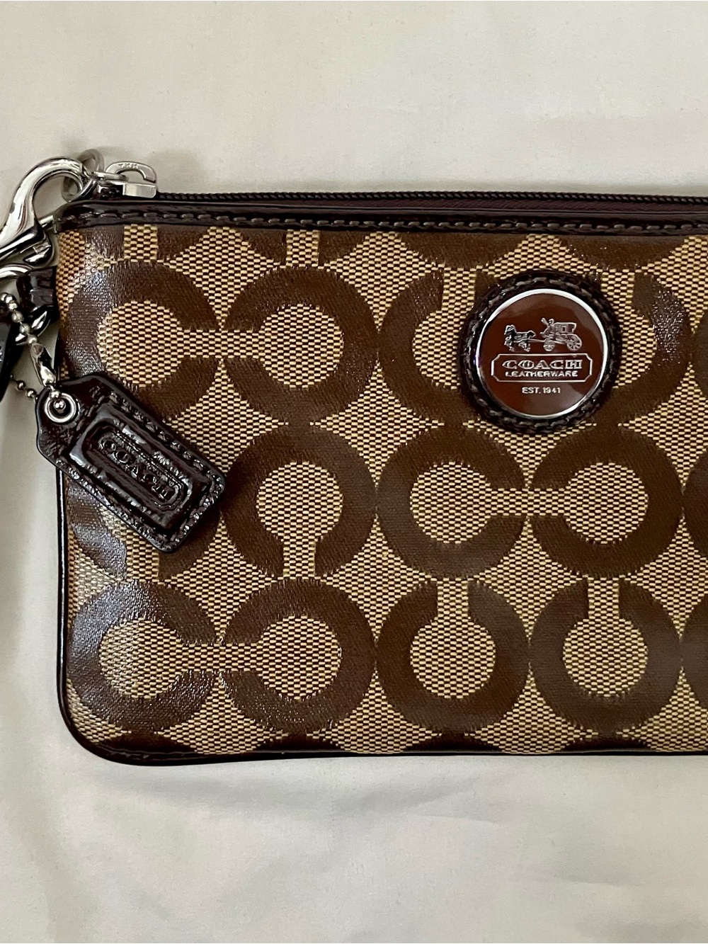 Coach Brown Signature Canvas Wristlet with Leather Trim